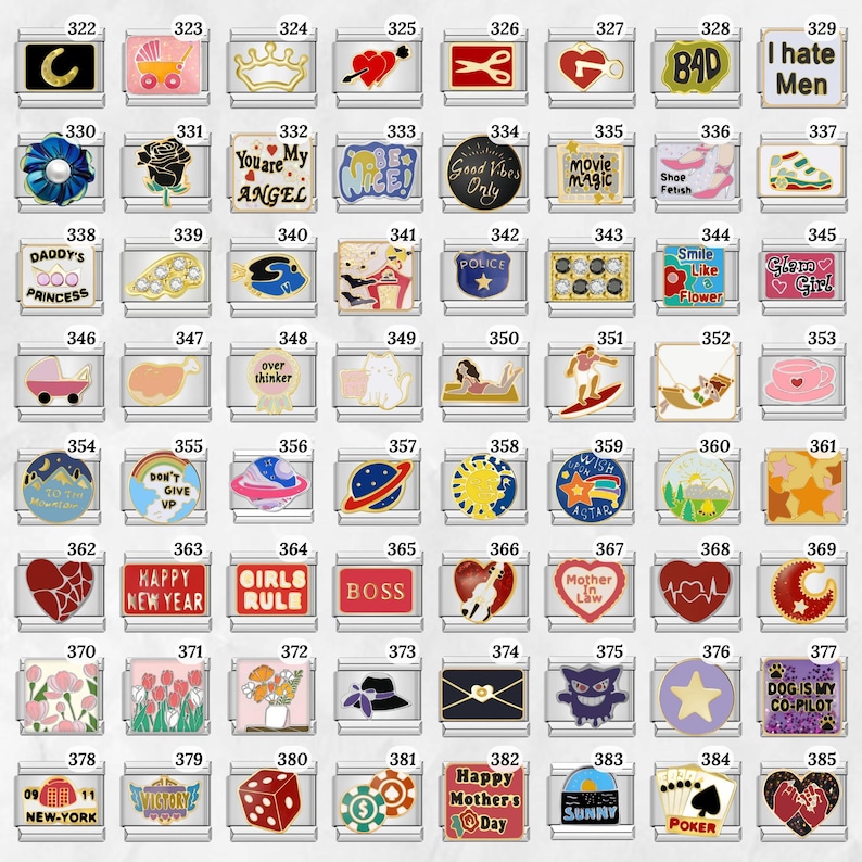 May include: A collection of stainless steel charm links with various designs. Includes charms with text like "BOSS", "HAPPY NEW YEAR", and "GIRLS RULE". Other charms feature hearts, flowers, and cartoon characters.