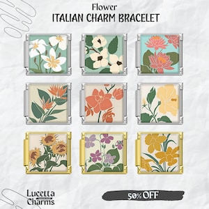 May include: Nine square Italian charm bracelet links with floral designs. The links feature various flowers in shades of white, orange, pink, yellow, and purple, set against pastel backgrounds. The text "Flower ITALIAN CHARM BRACELET" is at the top.