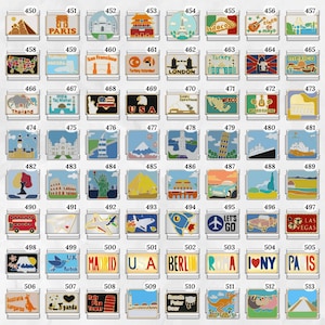 May include: A collection of travel-themed charms, each with a unique design and number. The charms feature landmarks like the Eiffel Tower, Big Ben, and the Statue of Liberty, along with city names and country flags.