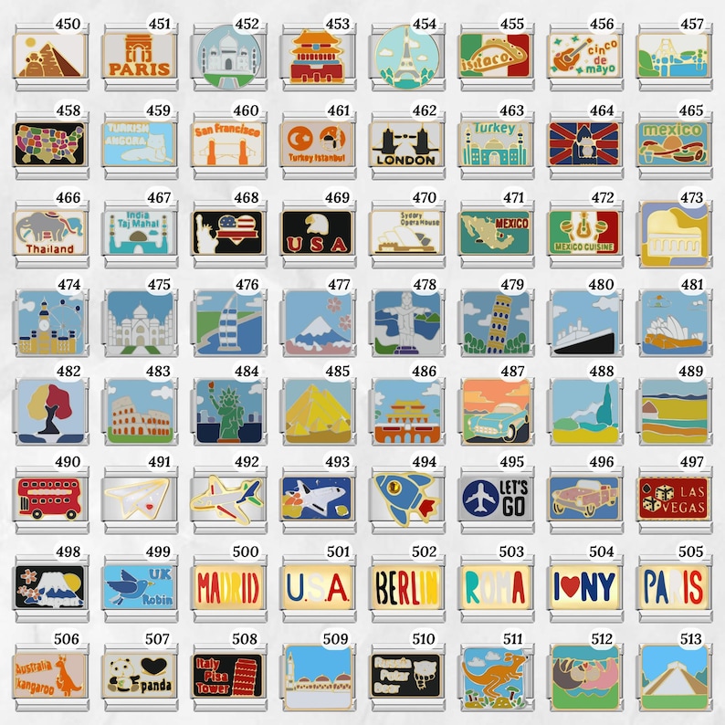 May include: A collection of travel-themed charms, each with a unique design and number. The charms feature landmarks like the Eiffel Tower, Big Ben, and the Statue of Liberty, along with city names and country flags.