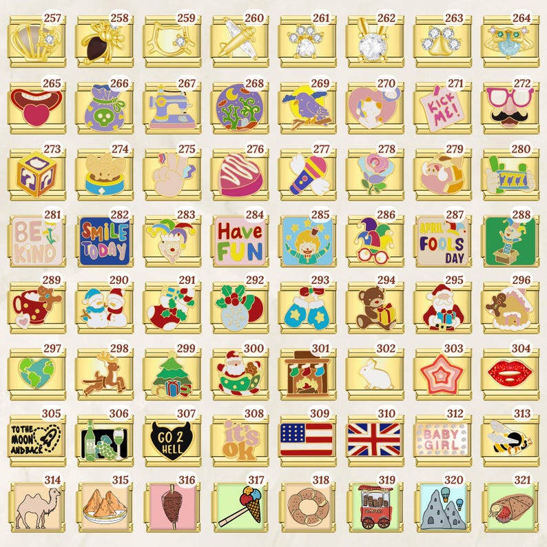Puede incluir: Una colecci&oacute;n de colgantes de abalorios dorados con varios dise&ntilde;os. Los abalorios incluyen corazones, animales, texto e im&aacute;genes tem&aacute;ticas de vacaciones. Cada abalorio es rectangular con un borde dorado y un dise&ntilde;o detallado y colorido.