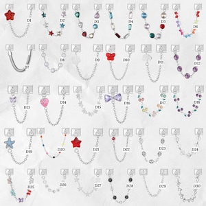 May include: A collection of 30 different decorative chain accessories, each with a unique charm. Charms include stars, hearts, butterflies, and various colorful beads. The chains are silver-toned and designed for versatile use.