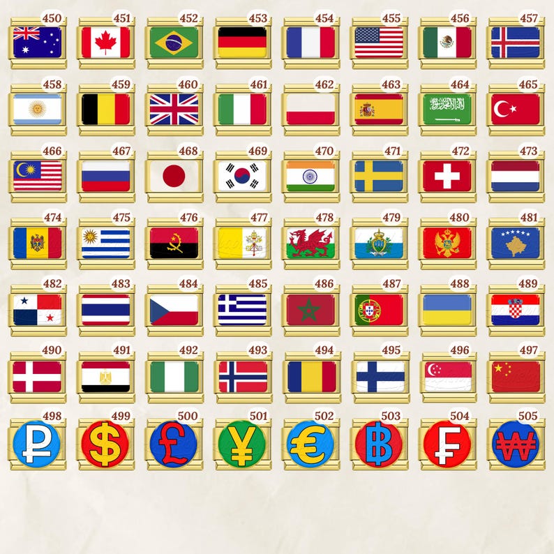 Puede incluir: Una colecci&oacute;n de insignias rectangulares con marco dorado, cada una con una bandera o un s&iacute;mbolo de moneda. Las banderas representan varios pa&iacute;ses, incluidos Estados Unidos, Canad&aacute; y Brasil. Los s&iacute;mbolos de moneda incluyen el euro, el yen y la libra esterlina.