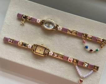 Gold Italian Charm Watch Bracelet, Custom Watch Band, Gift For Her