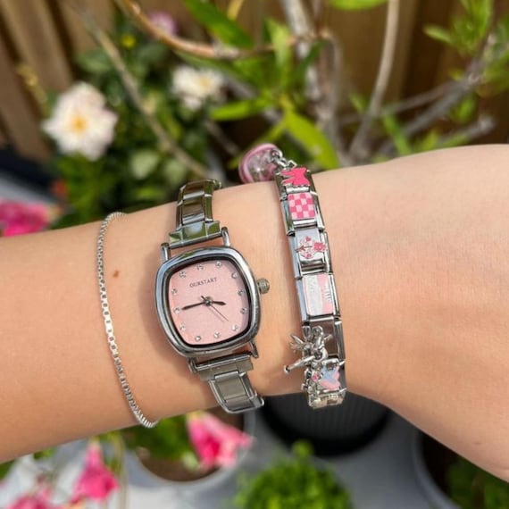 Silver Italian Charm Watch Bracelet, Custom Watch Band, Gift For Her