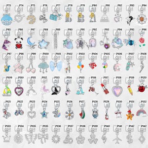 May include: A collection of silver-toned charms with various designs, including a seashell, guitar, lemon slice, and a panda bear. Other charms feature a star, moon, and a bow. These charms are suitable for bracelets or necklaces.