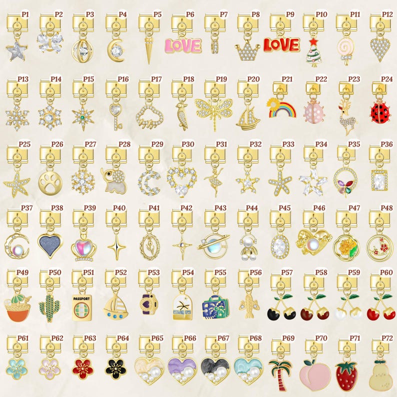 Puede incluir: Una colecci&oacute;n de dijes dorados con varios dise&ntilde;os, incluyendo estrellas, corazones, flores y motivos de viaje. Cada dije est&aacute; unido a un cierre, adecuado para la fabricaci&oacute;n de joyas o manualidades. La imagen muestra una variedad de formas y colores.