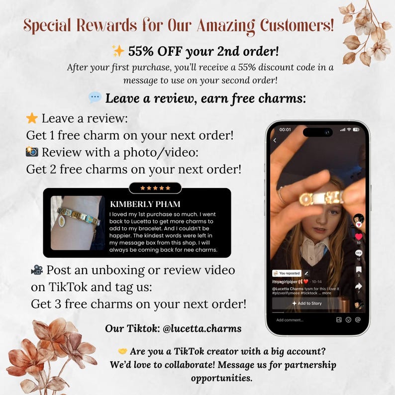 May include: Promotional graphic with text about special rewards for customers. Offers include 55% off second orders, free charms for reviews, and posting unboxing videos on TikTok. A customer review and a TikTok video are also shown.