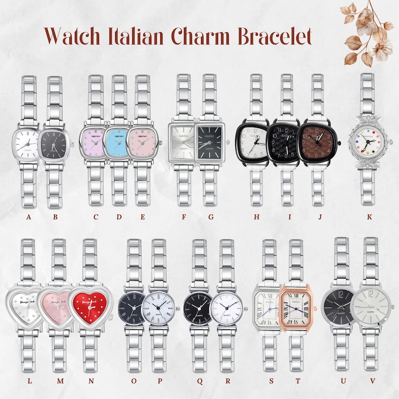 May include: A collection of silver-toned watches with various face shapes, including square, rectangular, and heart-shaped designs. The watch faces come in a variety of colors, such as white, black, pink, and red. The text "Watch Italian Charm Bracelet" is at the top.