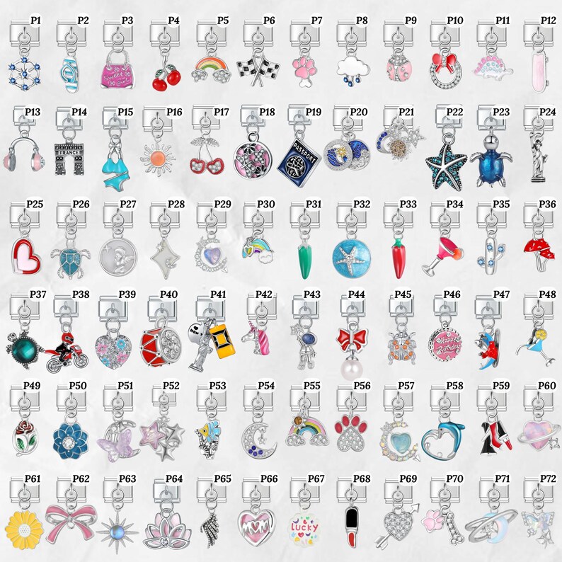 May include: A collection of silver-tone charm pendants with various designs, including a purse, cherries, a rainbow, a heart, a turtle, a star, a bow, a flower, and a lucky charm. Each charm is attached to a silver-tone keychain.