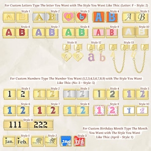 Puede incluir: Una variedad de abalorios dorados con letras, n&uacute;meros y meses. Las letras est&aacute;n en varios estilos, algunas con acentos coloridos. Los n&uacute;meros y los meses tambi&eacute;n se muestran en diferentes estilos. La imagen incluye instrucciones de texto.
