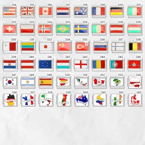 May include: A collection of rectangular charms featuring various national flags. Each charm has a silver border and a colorful enamel design representing a country's flag. The charms are numbered from 514 to 563.