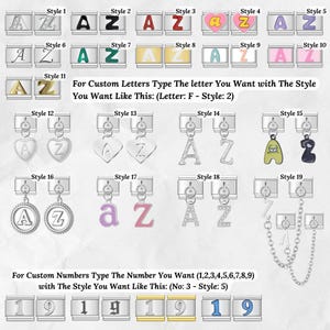 May include: A variety of charm pendants featuring the letters A and Z, along with the number 19, in various styles. The image includes text instructions for custom orders, specifying letter and number styles.