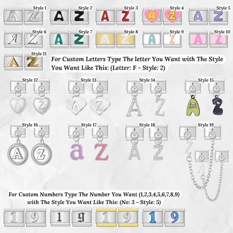 May include: A variety of charm pendants featuring the letters A and Z, along with the number 19, in various styles. The image includes text instructions for custom orders, specifying letter and number styles.