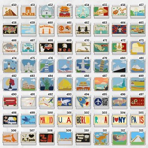 May include: A collection of rectangular travel-themed charms with various designs, including landmarks like the Eiffel Tower, Big Ben, and the Statue of Liberty. Each charm has a silver border and a unique illustration.