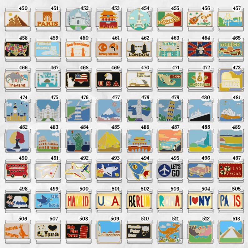 May include: A collection of rectangular travel-themed charms with various designs, including landmarks like the Eiffel Tower, Big Ben, and the Statue of Liberty. Each charm has a silver border and a unique illustration.