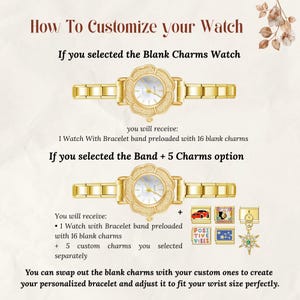 Puede incluir: Reloj dorado con esfera en forma de flor y pulsera. La imagen incluye texto que explica c&oacute;mo personalizar el reloj con abalorios. El reloj viene con 16 abalorios en blanco y la opci&oacute;n de a&ntilde;adir 5 abalorios personalizados. El texto dice "How To Customize your Watch".