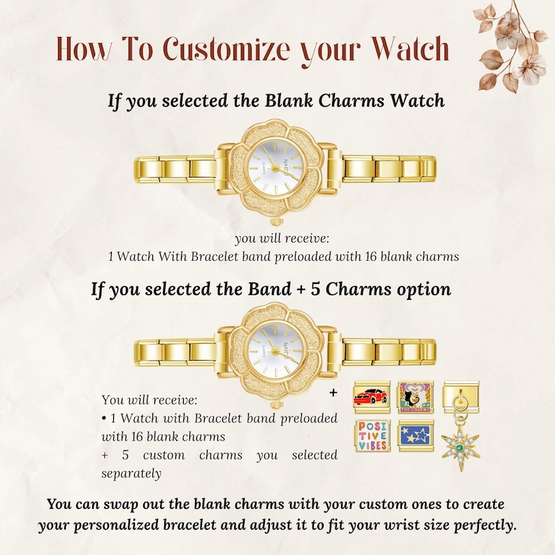 Puede incluir: Reloj dorado con esfera en forma de flor y pulsera. La imagen incluye texto que explica c&oacute;mo personalizar el reloj con abalorios. El reloj viene con 16 abalorios en blanco y la opci&oacute;n de a&ntilde;adir 5 abalorios personalizados. El texto dice "How To Customize your Watch".