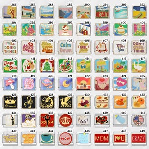 May include: A collection of rectangular enamel charms with various designs. The charms feature images of landscapes, text, and symbols, including a tree, a house, and the words "Kiss Me".