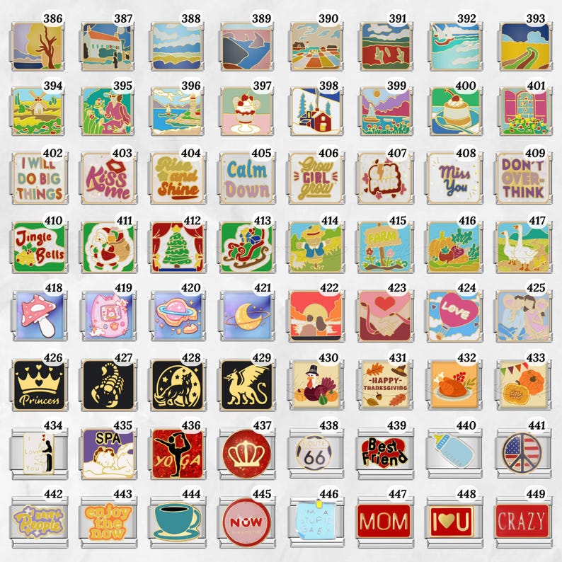 May include: A collection of rectangular enamel charms with various designs. The charms feature images of landscapes, text, and symbols, including a tree, a house, and the words "Kiss Me".