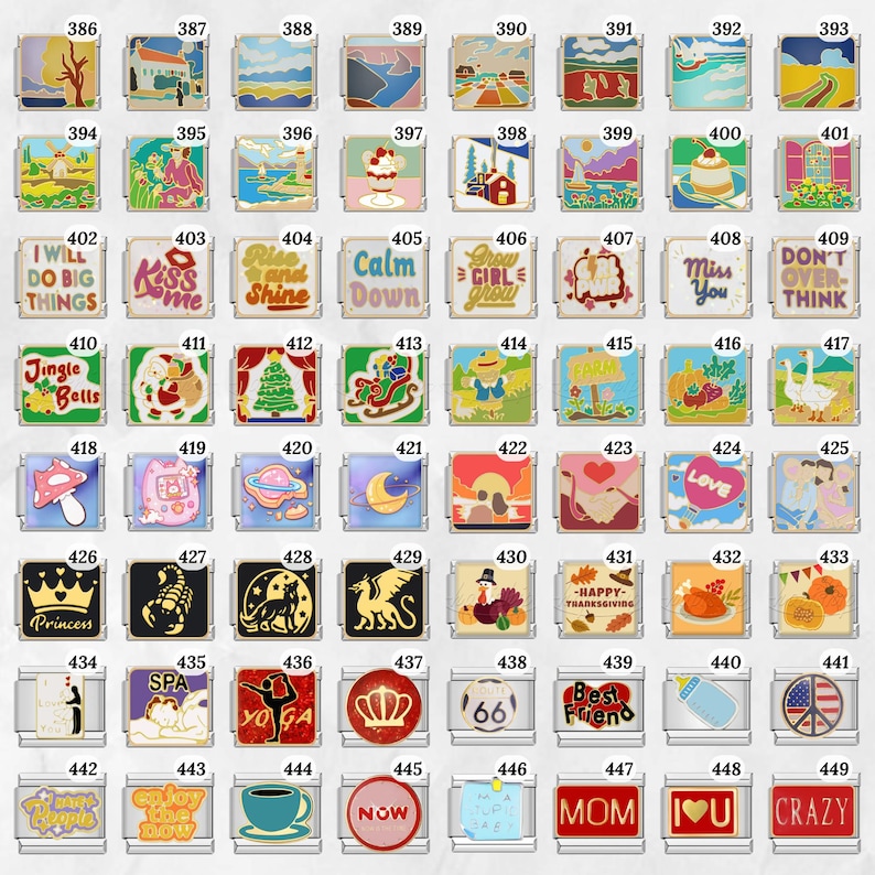 May include: A collection of rectangular enamel charms with various designs. The charms feature images of landscapes, text, and symbols, including a tree, a house, and the words "Kiss Me".