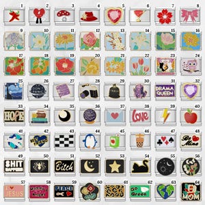 May include: A collection of silver-toned charm pendants with various designs. The charms feature images such as hearts, flowers, text, and other symbols. These charms are suitable for bracelets and necklaces.
