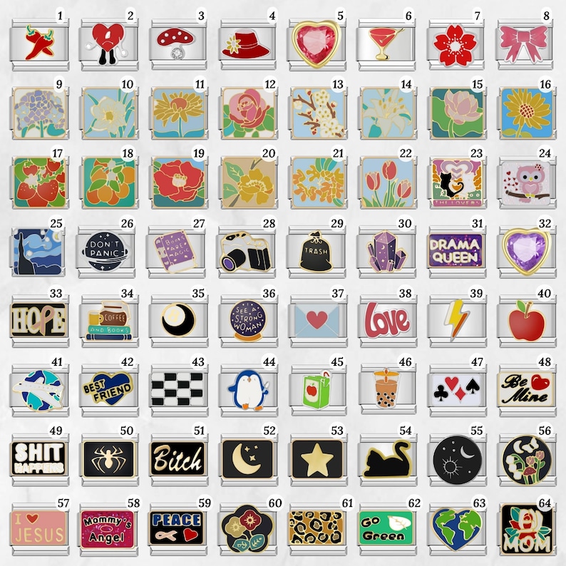 May include: A collection of silver-toned charm pendants with various designs. The charms feature images such as hearts, flowers, text, and other symbols. These charms are suitable for bracelets and necklaces.