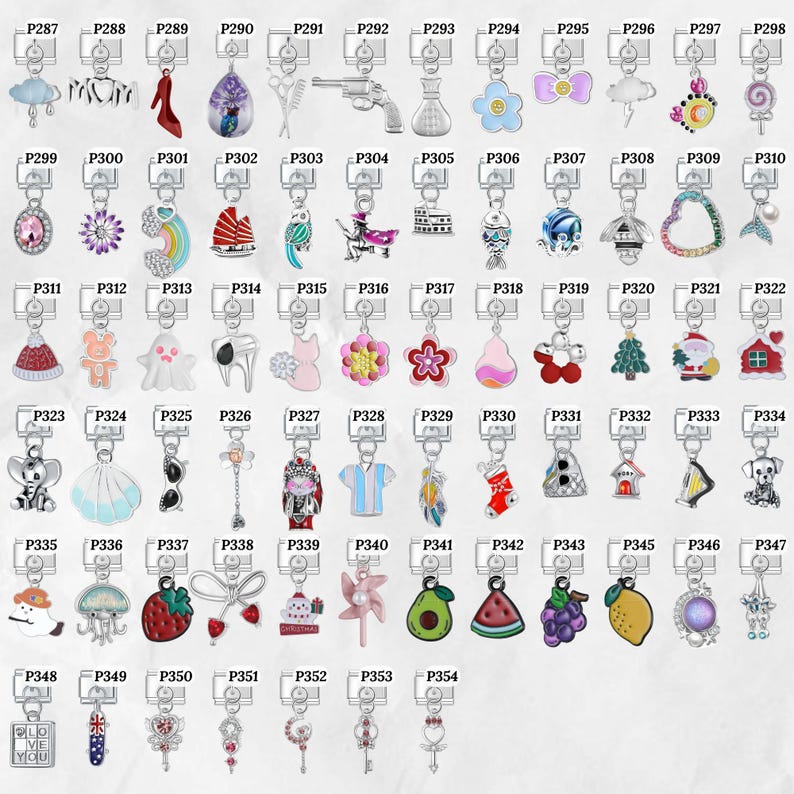 May include: A collection of silver-toned charm pendants with various designs, including a high-heeled shoe, a gun, a flower, a Christmas tree, and a house. Each charm is attached to a keyring. The charms are colorful and detailed.