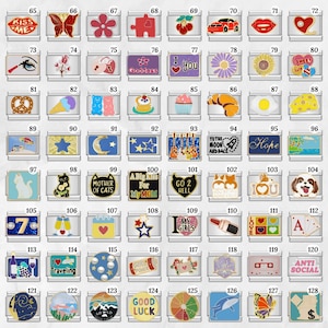 May include: A collection of silver-toned charms with various designs. Includes charms with a butterfly, a car, a lip, a pretzel, an ice cream cone, a cupcake, a croissant, a fried egg, a star, and the text "I Love You".