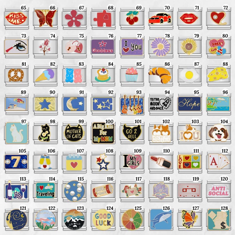 May include: A collection of silver-toned charms with various designs. Includes charms with a butterfly, a car, a lip, a pretzel, an ice cream cone, a cupcake, a croissant, a fried egg, a star, and the text "I Love You".