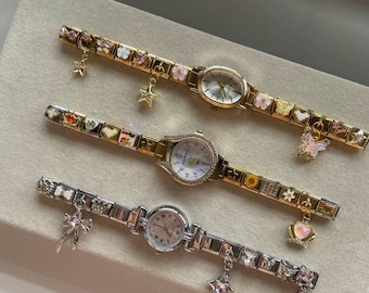 Custom Gold Italian Charm Watch Band, Gift for Her