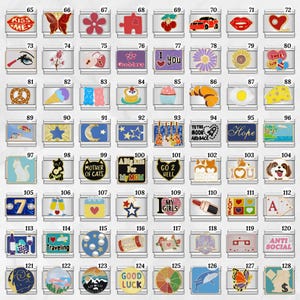 May include: A collection of silver-toned charms with various designs. Includes charms with a butterfly, a car, a lip, a pretzel, an ice cream cone, a cupcake, a croissant, a fried egg, a star, and the text "I Love You".