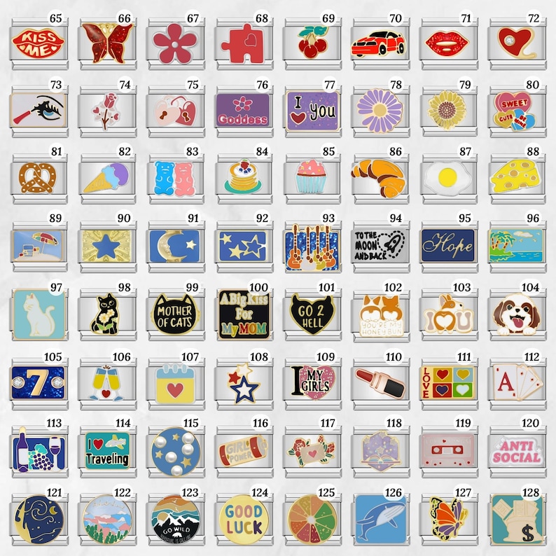 May include: A collection of silver-toned charms with various designs. Includes charms with a butterfly, a car, a lip, a pretzel, an ice cream cone, a cupcake, a croissant, a fried egg, a star, and the text "I Love You".