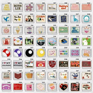 May include: A collection of silver-toned charm pendants with various designs and text. The charms feature images of a butterfly, a dinosaur, a heart, and text like "No Bad Vibes" and "I'm the Boss".