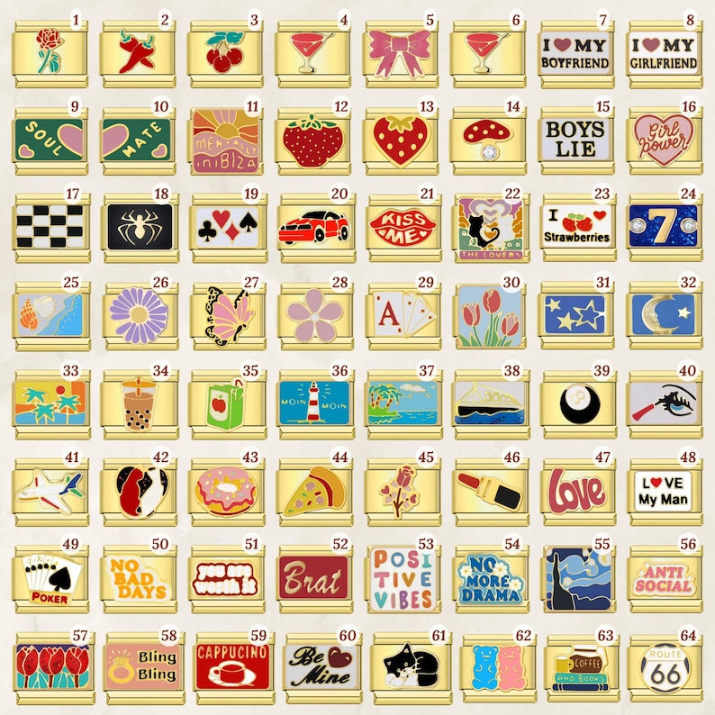 Puede incluir: Una colecci&oacute;n de colgantes de abalorios dorados con varios dise&ntilde;os. Los abalorios presentan im&aacute;genes como una rosa, un lazo, una fresa, las palabras "Love", "Brat" y "Route 66". Estos abalorios son probablemente para pulseras o collares.