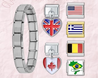 Custom Country Flag Italian Charm Bracelet, Heritage Jewelry Gift