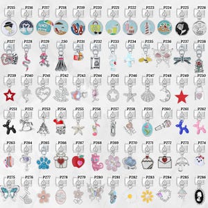 May include: A collection of silver-toned charm pendants with various designs, including beach scenes, animals, food, and holiday themes. Each charm is attached to a silver-colored clasp, suitable for bracelets or necklaces.