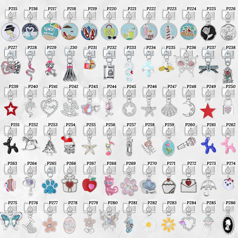 May include: A collection of silver-toned charm pendants with various designs, including beach scenes, animals, food, and holiday themes. Each charm is attached to a silver-colored clasp, suitable for bracelets or necklaces.