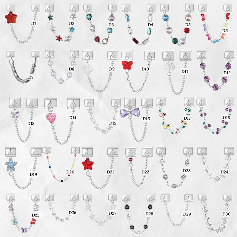 May include: A collection of 30 different decorative chain accessories, each with a unique charm. Charms include stars, hearts, butterflies, and various colorful beads. The chains are silver-toned, and the charms are in various colors.