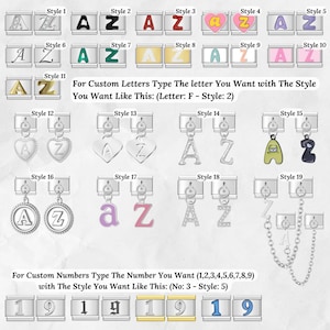 May include: A variety of charm pendants featuring the letters A and Z, and the number 19, in various styles. The image includes text instructions for custom orders, specifying letter and style selection. The charms are silver-toned with colorful accents.