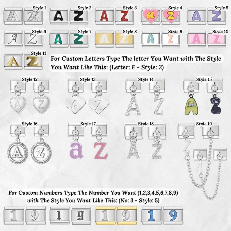 May include: A variety of charm pendants featuring the letters A and Z, and the number 19, in various styles. The image includes text instructions for custom orders, specifying letter and style selection. The charms are silver-toned with colorful accents.