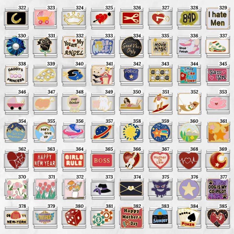 May include: A collection of stainless steel charm links with various designs. Includes charms with text like "BOSS", "HAPPY NEW YEAR", and "GIRLS RULE". Other charms feature hearts, stars, and floral patterns.