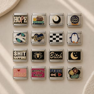 Puede incluir: Un conjunto de dieciséis eslabones modulares rectangulares de acero inoxidable para pulsera con diversos diseños en esmalte, incluyendo textos como HOPE, SHIT HAPPENS, BEST FRIEND, Bitch, Mommy's Angel, PEACE e I LOVE JESUS, junto a iconos de taza de café, bola ocho, bola de cristal, avión, tablero de ajedrez, pingüino, araña, luna y flores.