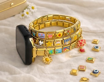 Gold Italian Charm Apple Watch Band with Connector, Custom Smartwatch Band Italian Charm Bracelet, Apple Watch Band, Gift For Her