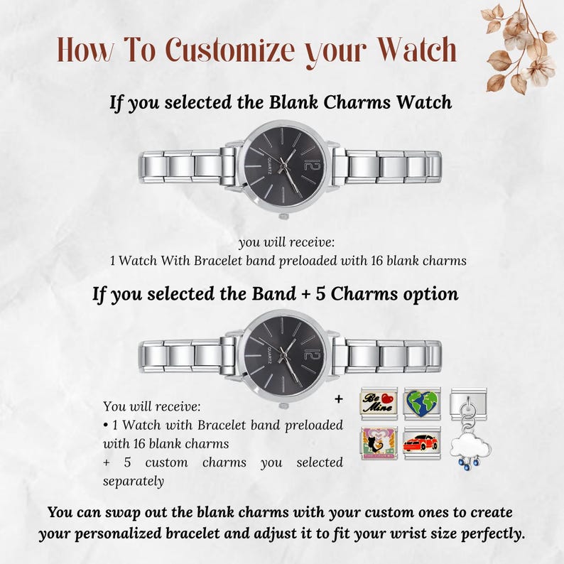 May include: Image shows two silver watches with black faces and silver bands. The text reads "How To Customize your Watch". The watches are shown with and without charms. The text explains how to customize the watch with charms.