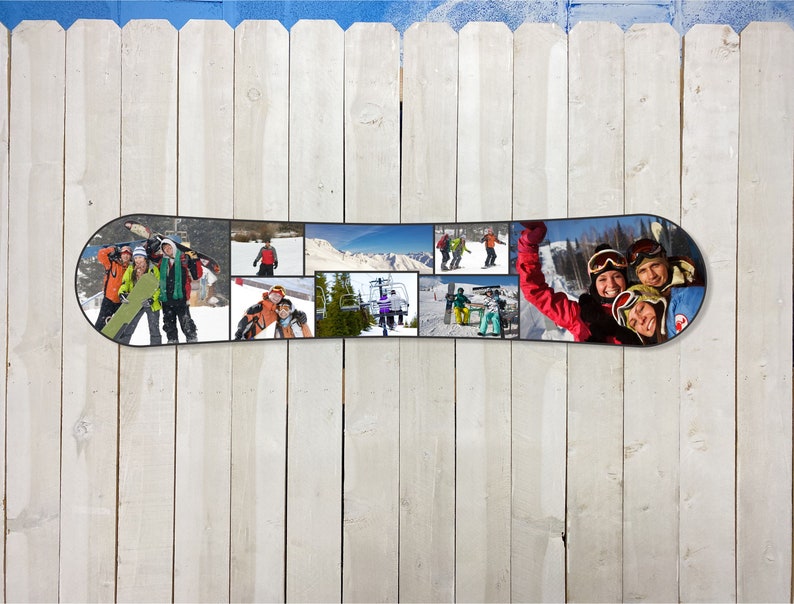 Puede incluir: Un snowboard con un collage de fotos de personas haciendo snowboard y disfrutando de la temporada de invierno. Las fotos est&aacute;n dispuestas en una cuadr&iacute;cula y muestran personas de diferentes edades y g&eacute;neros.