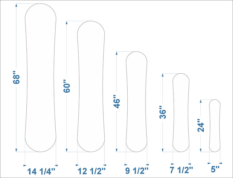 Puede incluir: Cinco tablas de snowboard de diferentes tama&ntilde;os, que van desde 68 pulgadas hasta 24 pulgadas de largo. Las tablas de snowboard son todas blancas y tienen una forma redondeada.