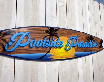 Poolside Surfboard Wall Sign, Custom Backyard Tiki Bar Decor, Coastal Art
