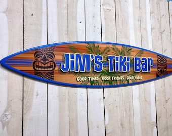 Tiki Bar Surfboard Sign, Personalized Tropical Wall Hanging, Pool Wall Art, Beach Decor, Coastal Gift Ideas