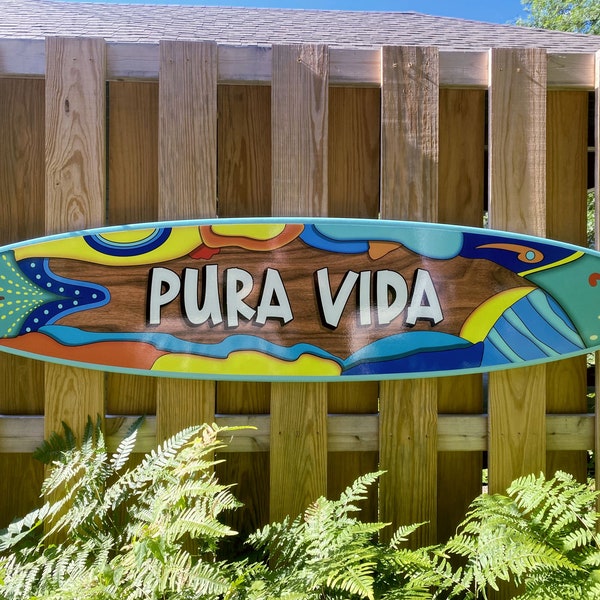 Pura Vida Surfboard decor, wall art personalized surf sign,  Beach or Tiki Decor, surfboard sign, tropical gift idea